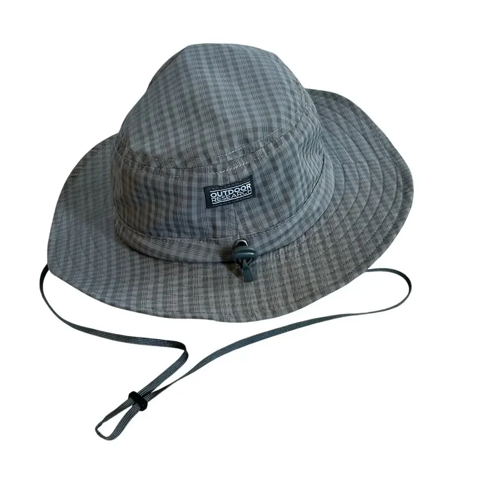 OR Outdoor Research Bucket Sun Hat Gray Checkered Plaid Medium 3-6 Youth Granola